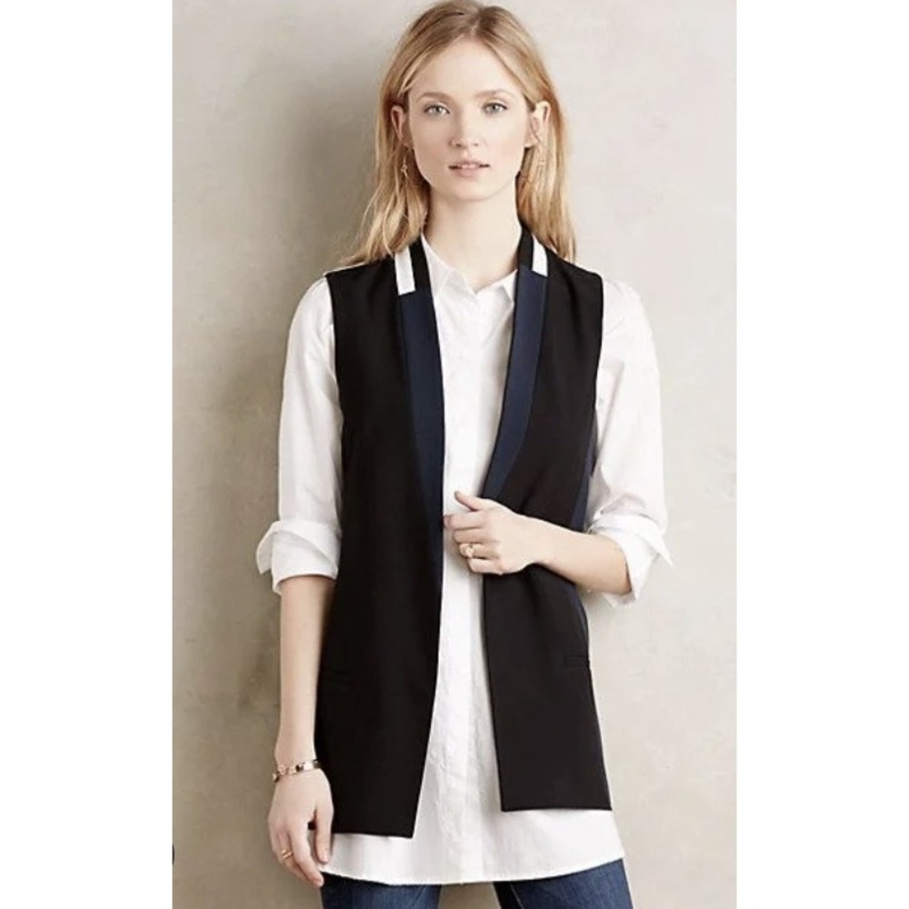 Elevenses Womens Black Navy Colorblock Open Front Shawl Collar Tuxedo Vest SP